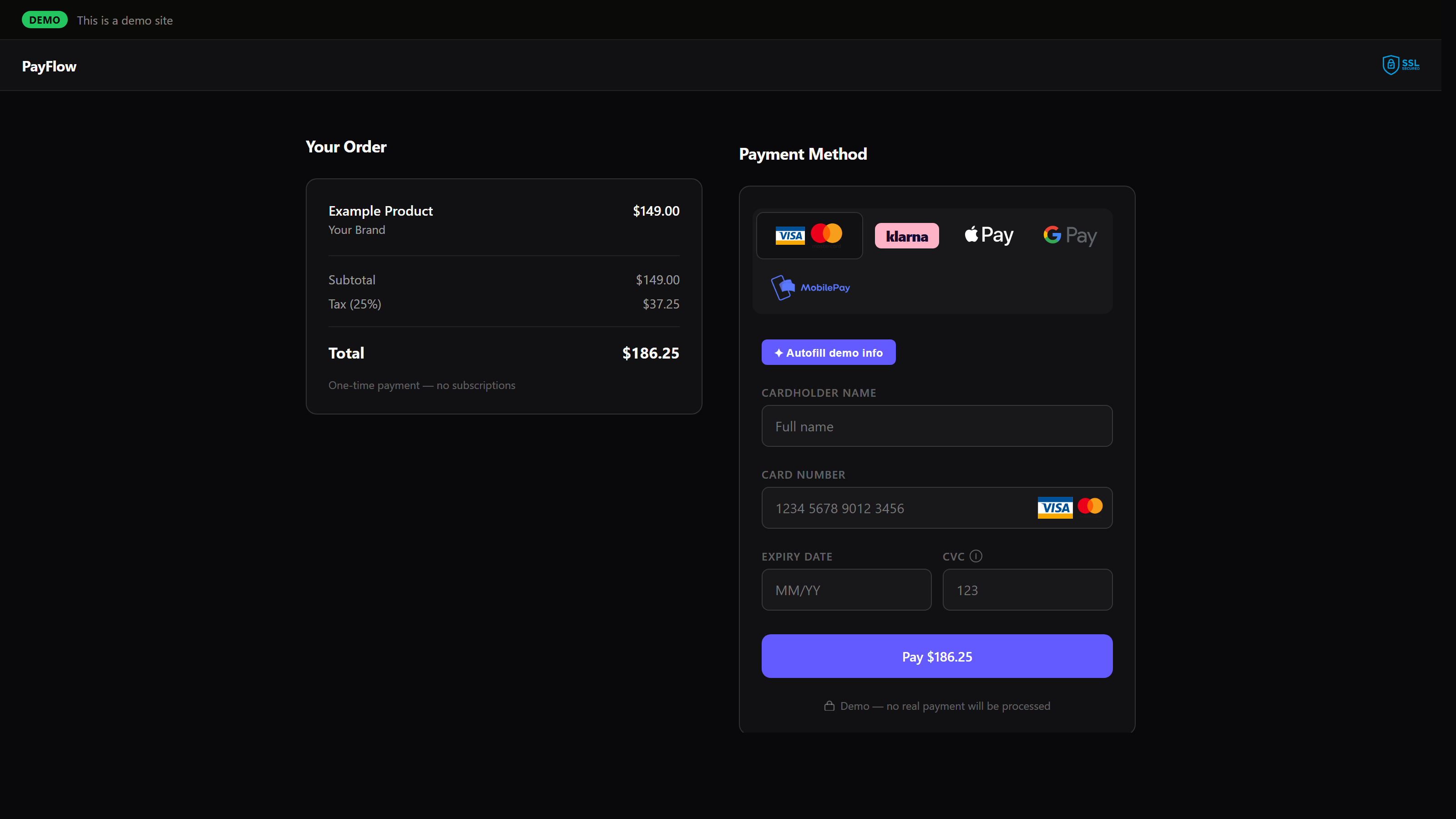 PayFlow — The live demo — five rails surfaced behind one selector, with the order summary, method picker, and demo-autofill button right where a real Danish SMB checkout would put them