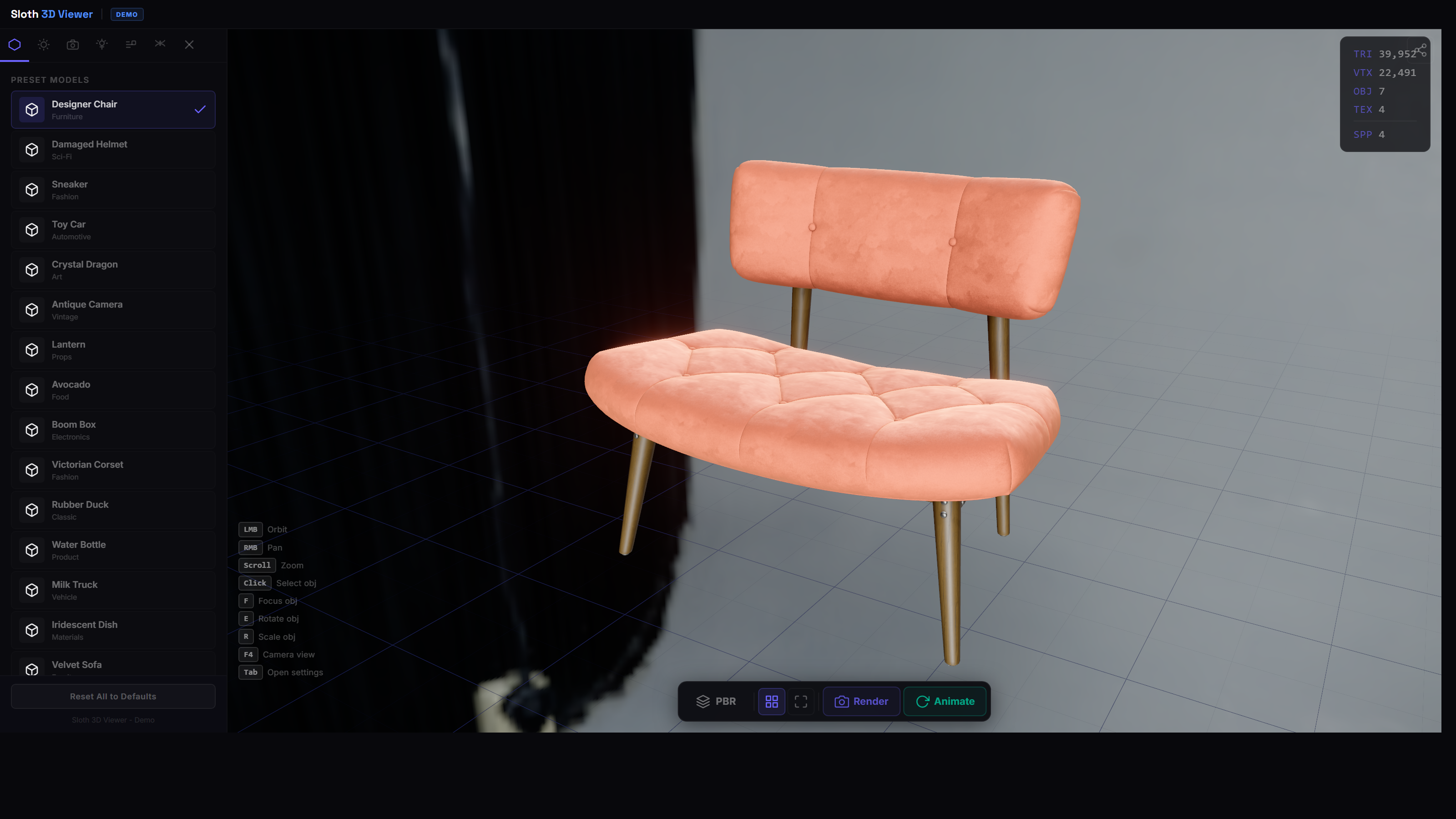 Sloth 3D Viewer — The live configurator — material panel, light rig, transform gizmos, and the tris / verts / draw-call HUD that Blender artists actually want
